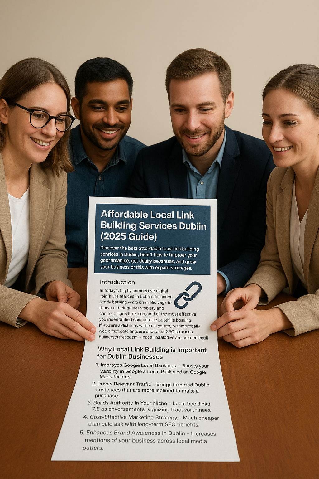 Affordable local link building services Dublin team working together on SEO strategy with printed guide, showcasing digital marketing and backlinks growth