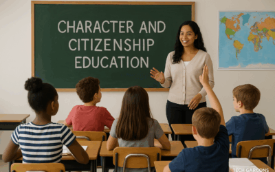 Students in a diverse classroom learning character and citizenship education with teacher guidance.