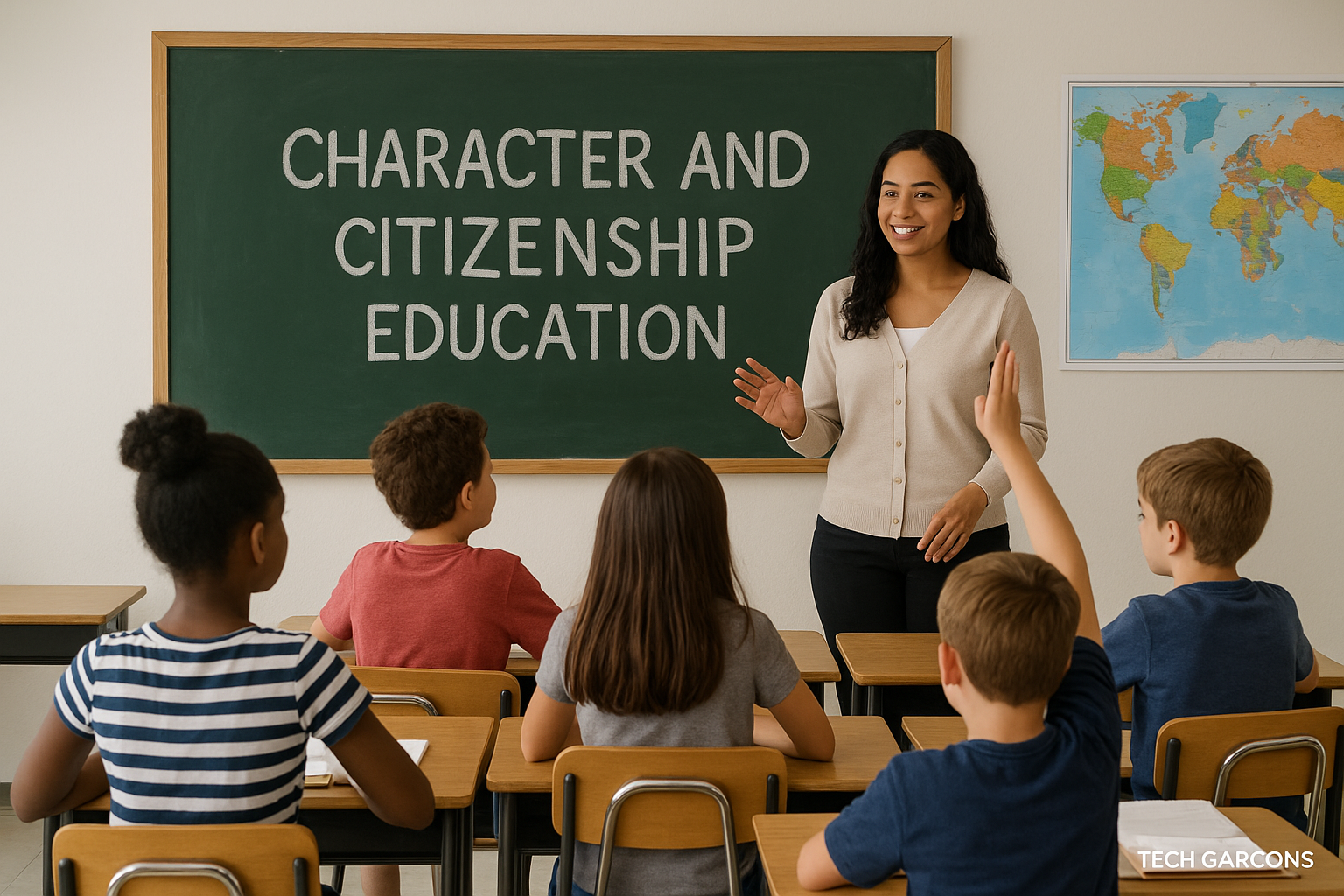 Students in a diverse classroom learning character and citizenship education with teacher guidance.
