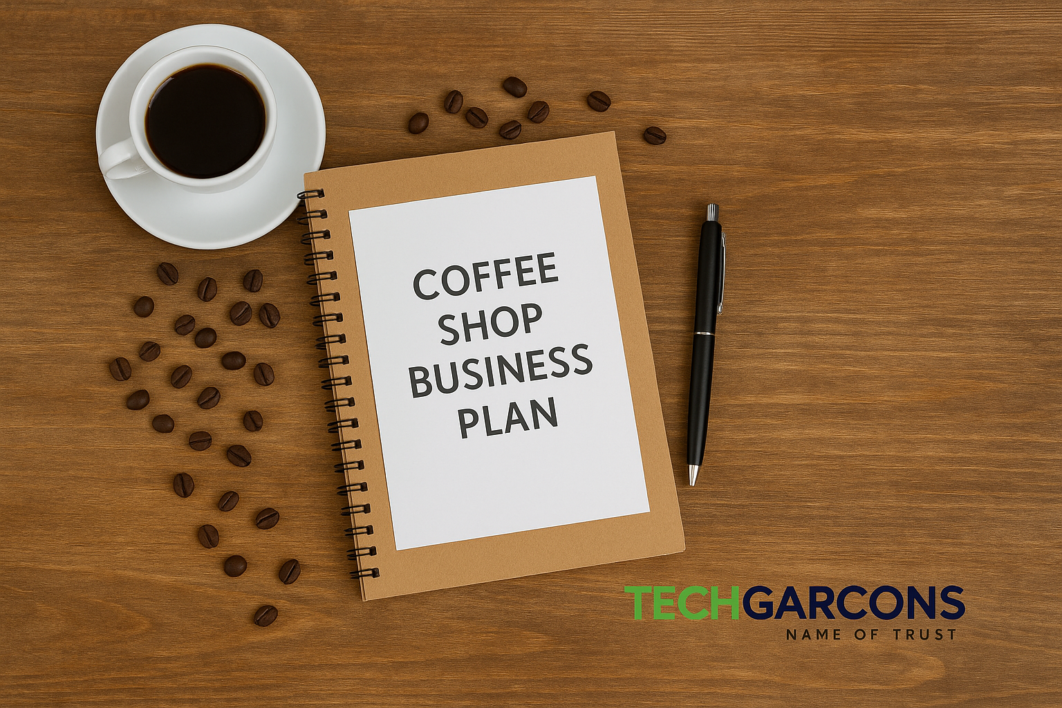 Coffee shop business plan notebook with coffee cup and TechGarcons logo
