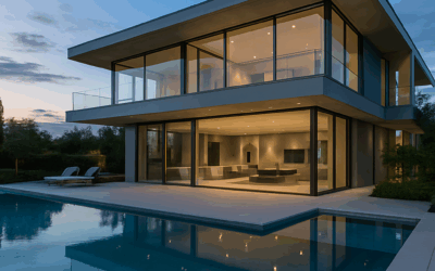 Modern luxury home with glass walls and infinity pool at sunset