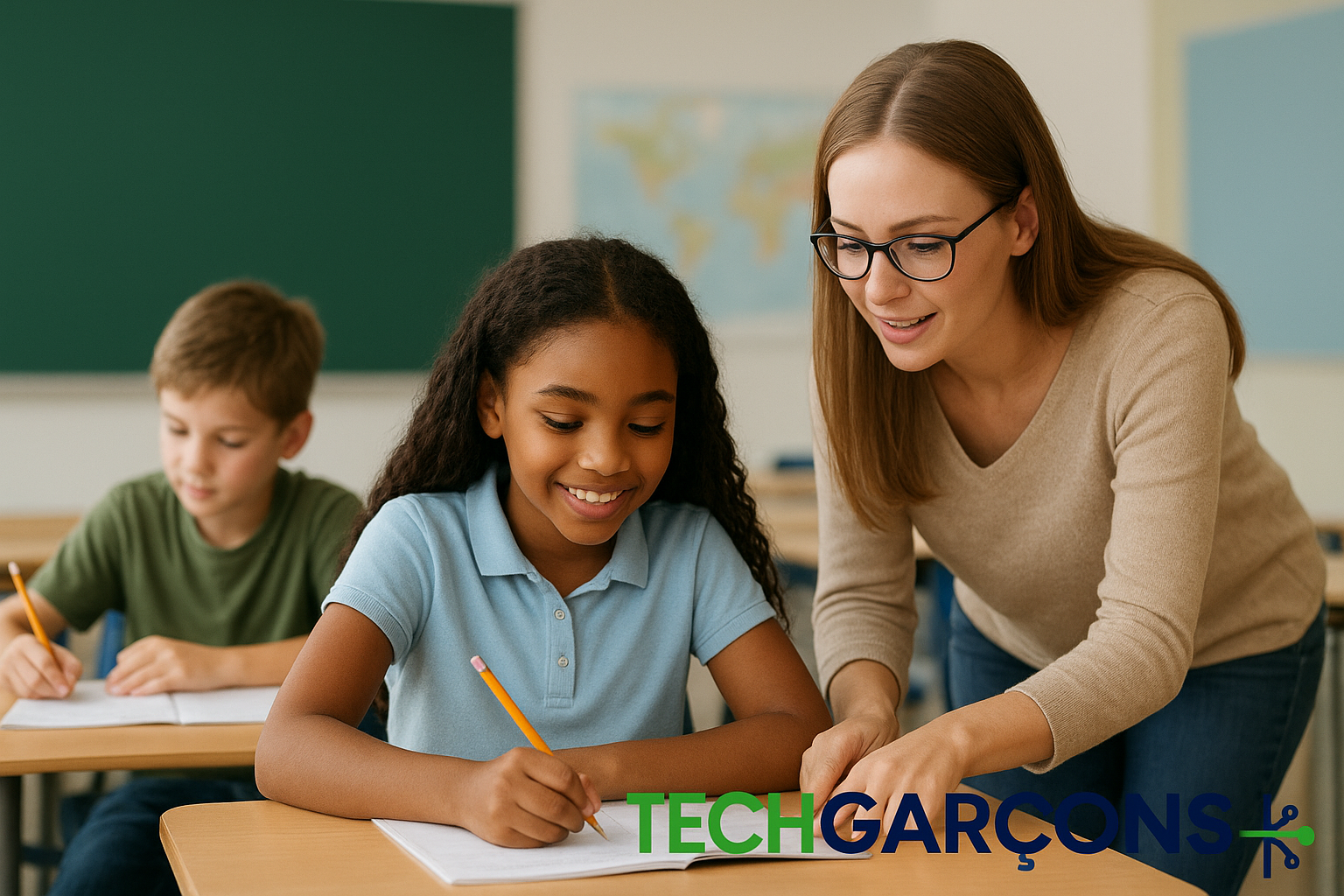 A young female teacher with glasses helps a smiling student with her writing in a classroom, while another student works in the background. The TechGarçons logo is displayed at the bottom of the image